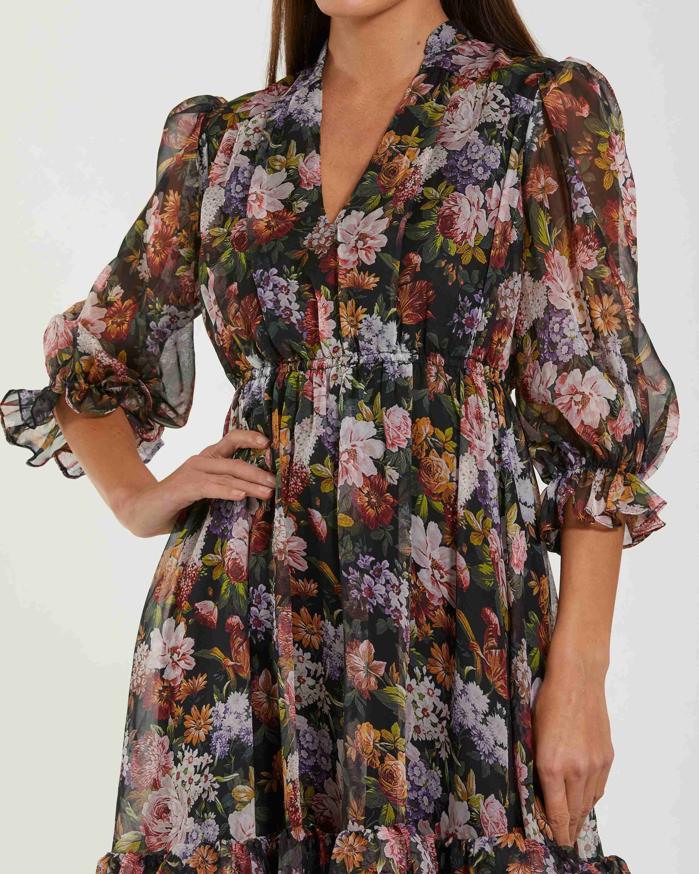 Mac Duggal #69031 black multi floral chiffon ruffle midi dress