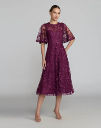 Mac Duggal #69036 Flutter Sleeve Embroidered Midi Dress Aubergine