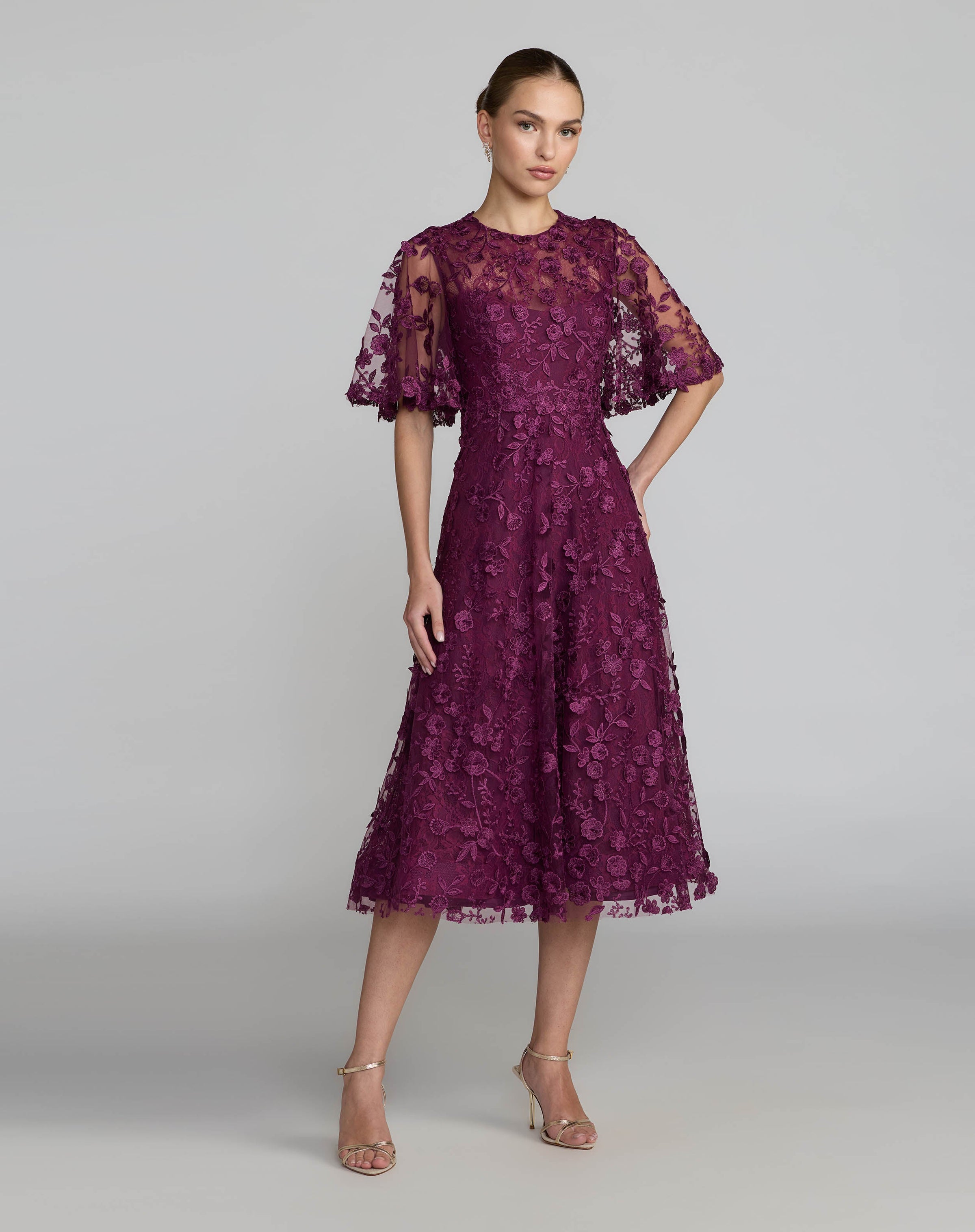 Mac Duggal #69036 Flutter Sleeve Embroidered Midi Dress Aubergine