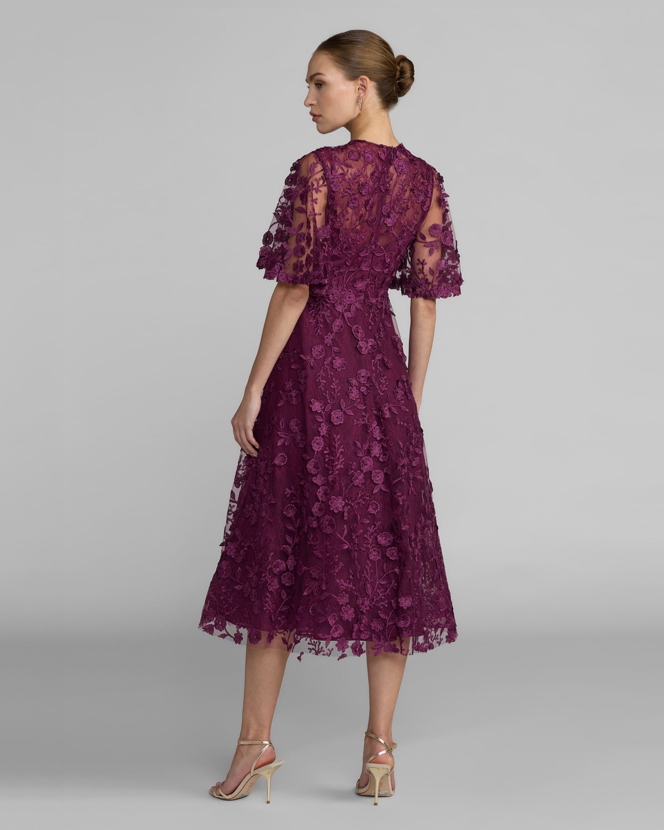 Flutter Sleeve Embroidered Midi Dress in Aubergine