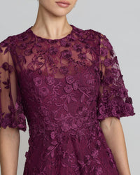 Flutter Sleeve Embroidered Midi Dress in Aubergine