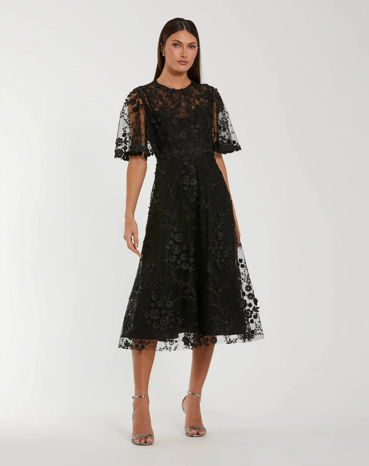 Mac Duggal #69036 Flutter Sleeve Embroidered Midi Dress Black