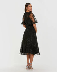 Flutter Sleeve Embroidered Midi Dress in Black