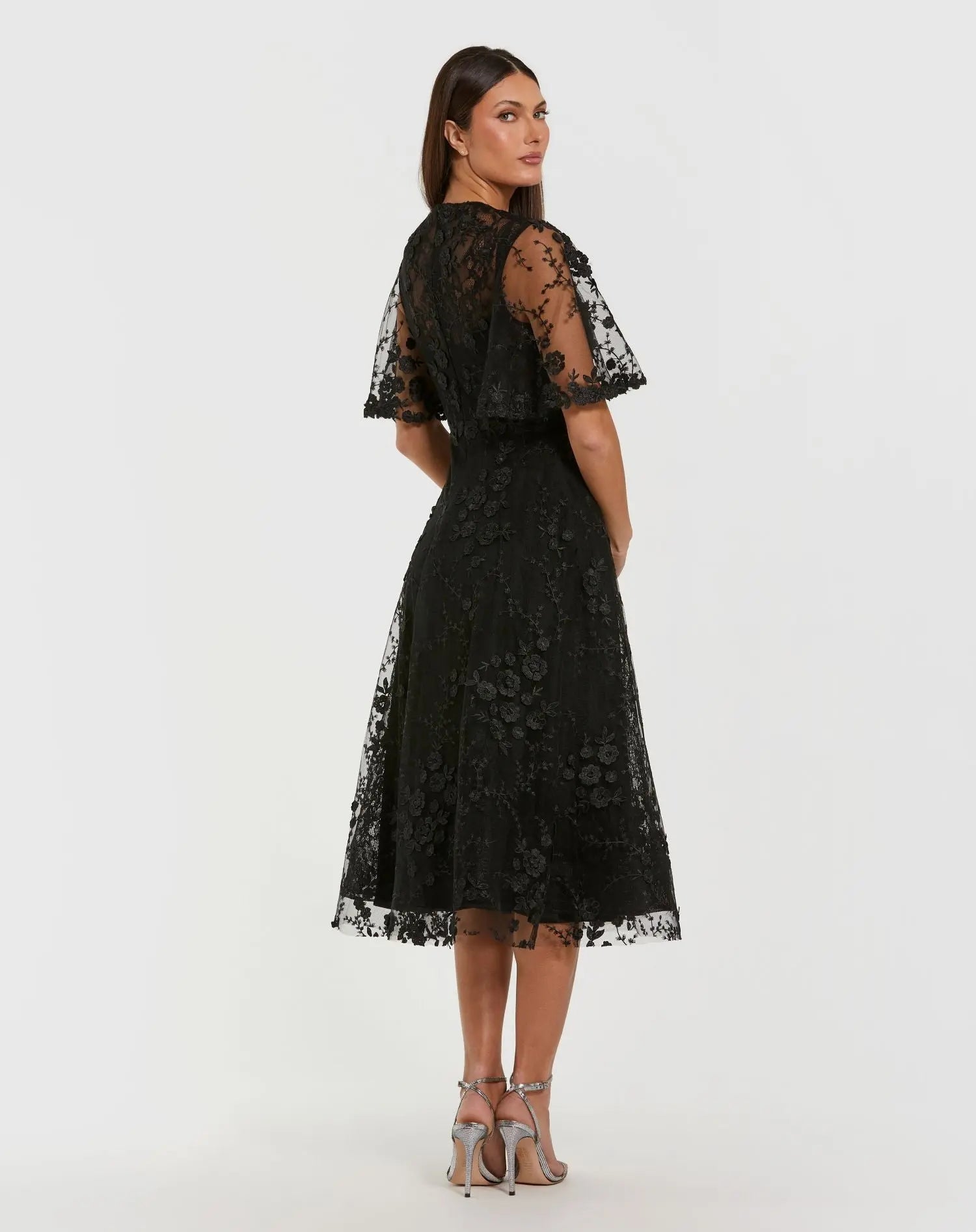 Flutter Sleeve Embroidered Midi Dress in Black