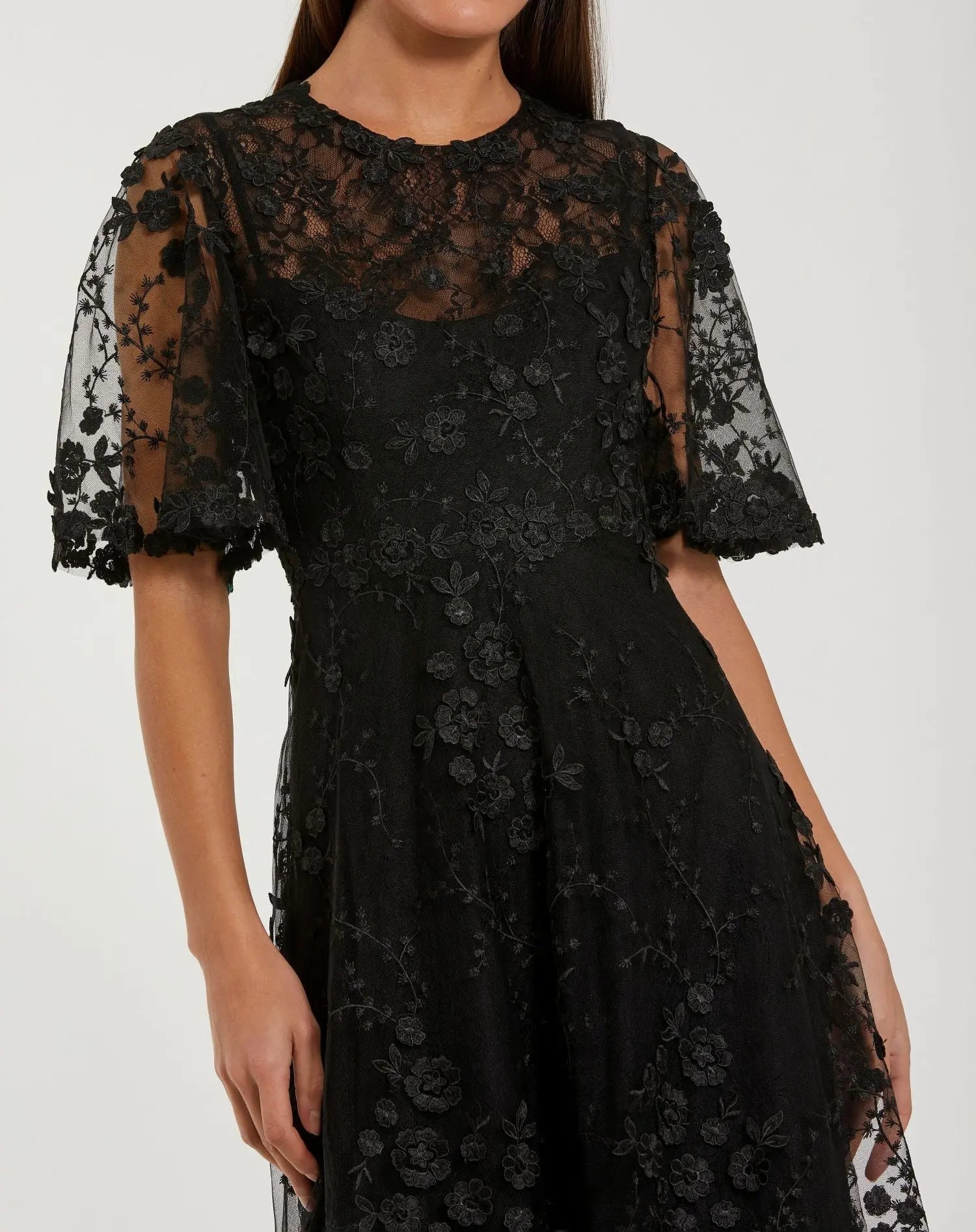Flutter Sleeve Embroidered Midi Dress in Black