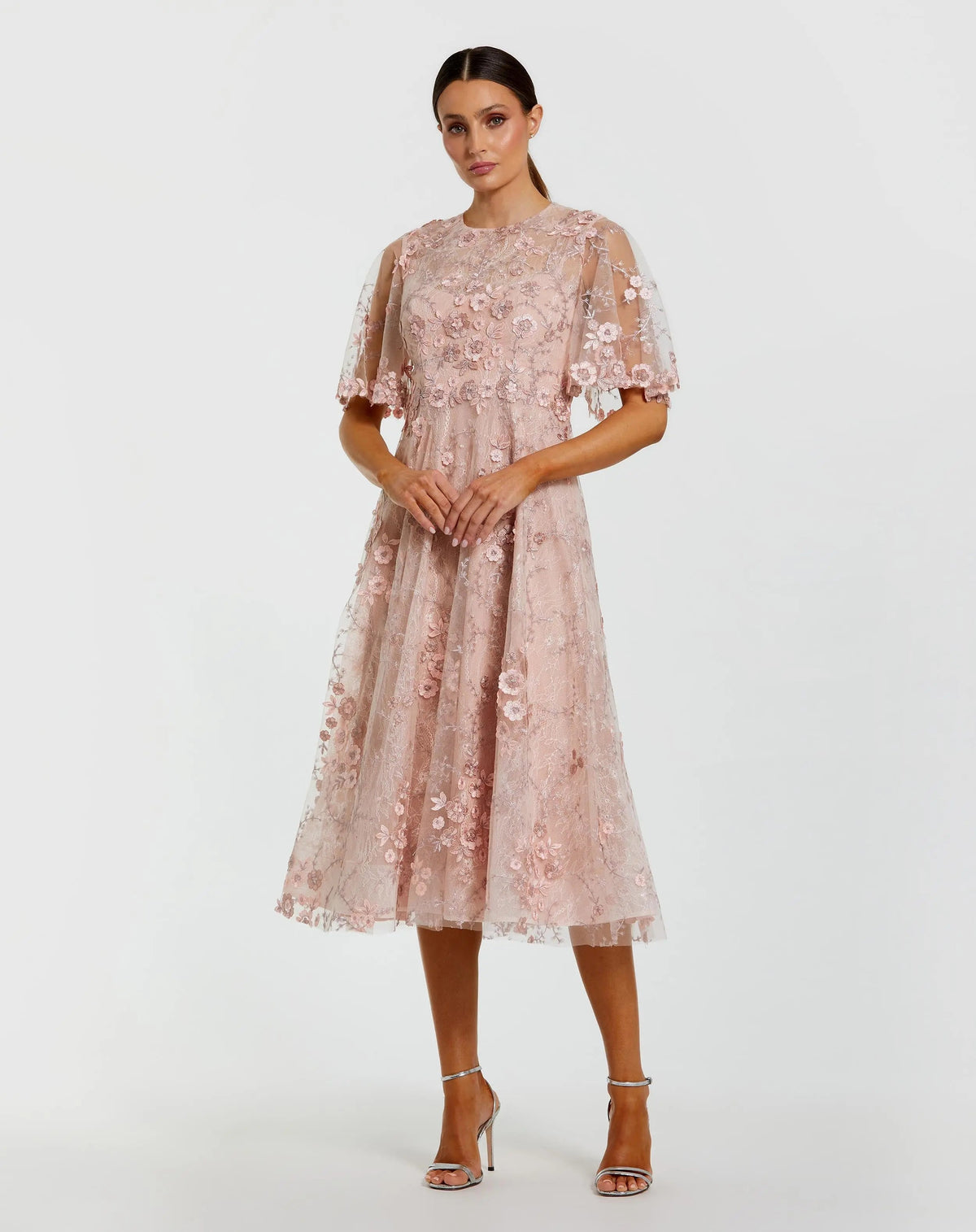 Mac Duggal #69036 Flutter Sleeve Embroidered Midi Dress Blush