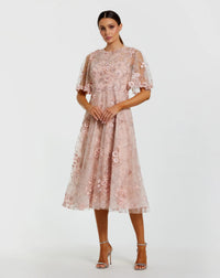Mac Duggal #69036 Flutter Sleeve Embroidered Midi Dress Blush
