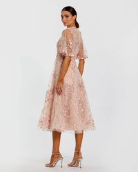 Flutter Sleeve Embroidered Midi Dress in Blush