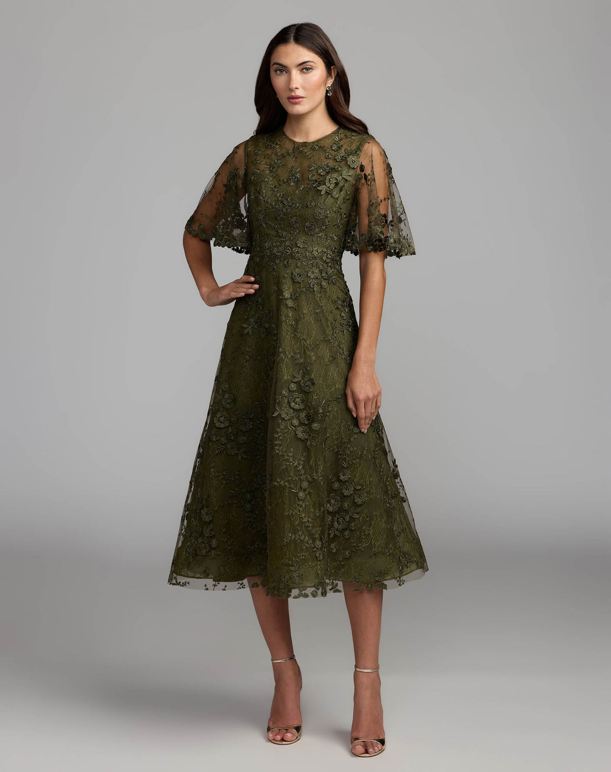 Mac Duggal #69036 olive embroidered lace flutter sleeve midi dress