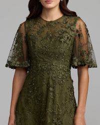 Mac Duggal #69036 olive midi dress flutter sleeve close up