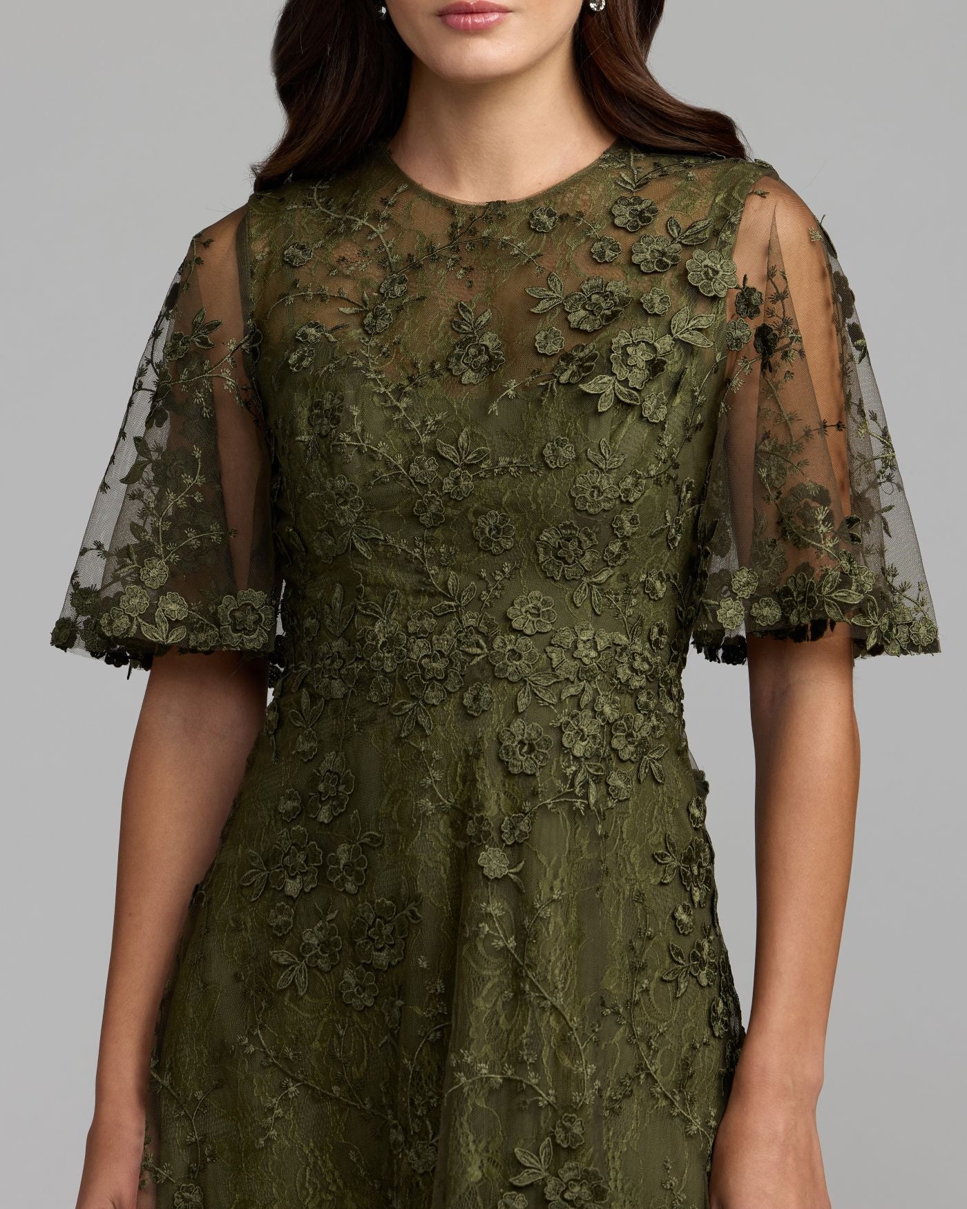 Mac Duggal #69036 olive midi dress flutter sleeve close up