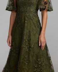 Mac Duggal #69036 olive midi dress embroidery detail