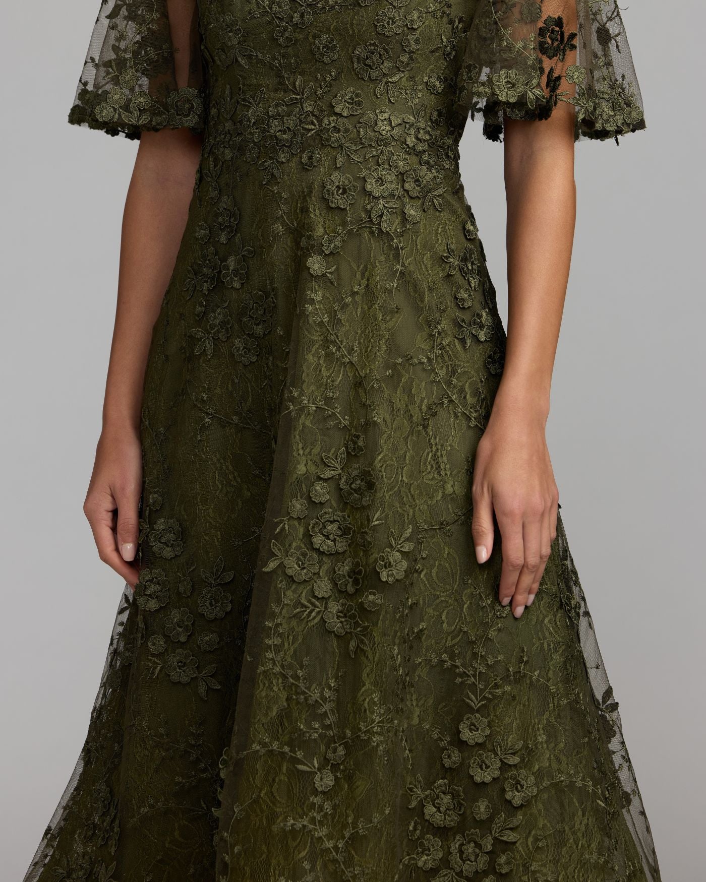 Mac Duggal #69036 olive midi dress embroidery detail