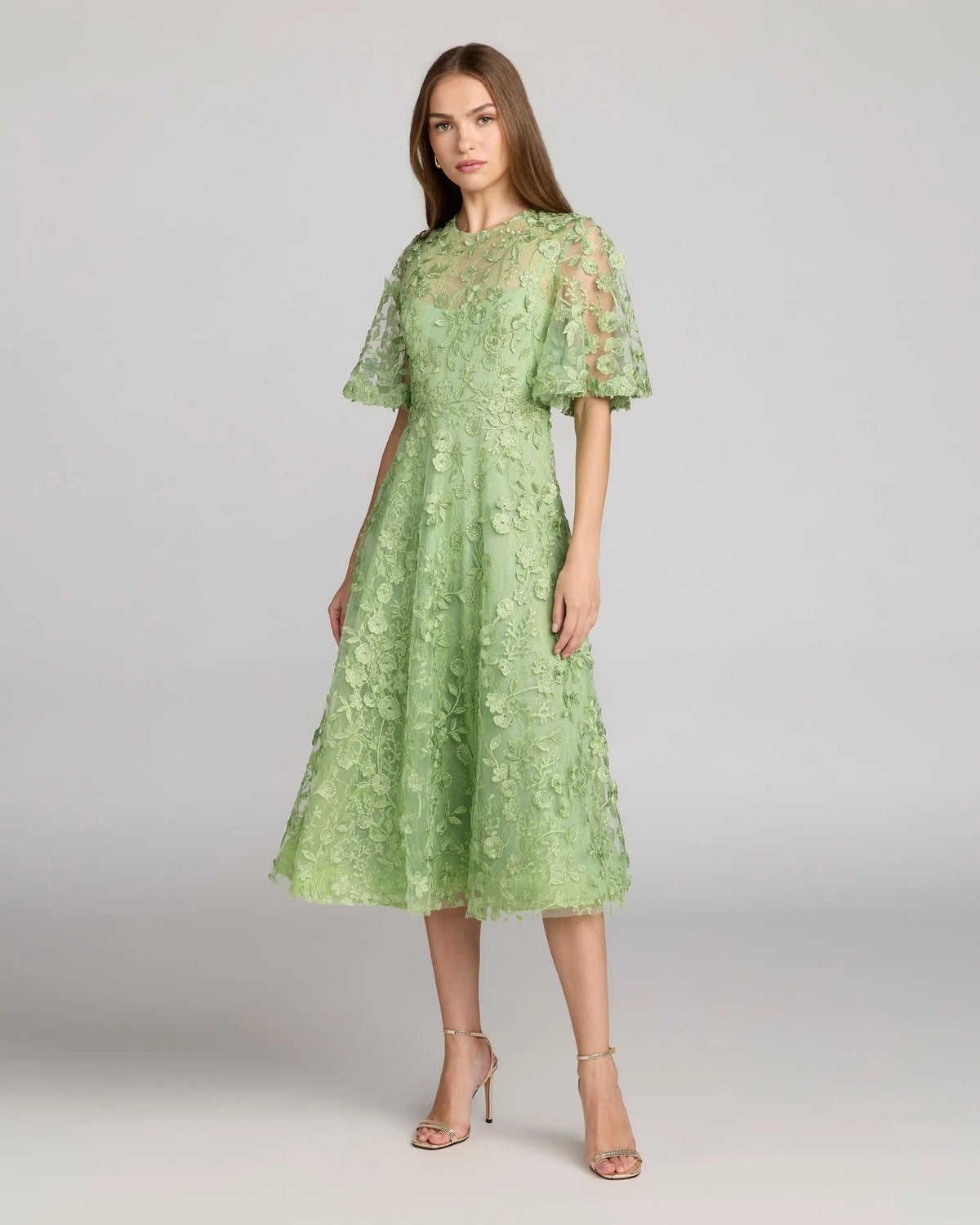 Mac Duggal #69036 Flutter Sleeve Embroidered Midi Dress Sage