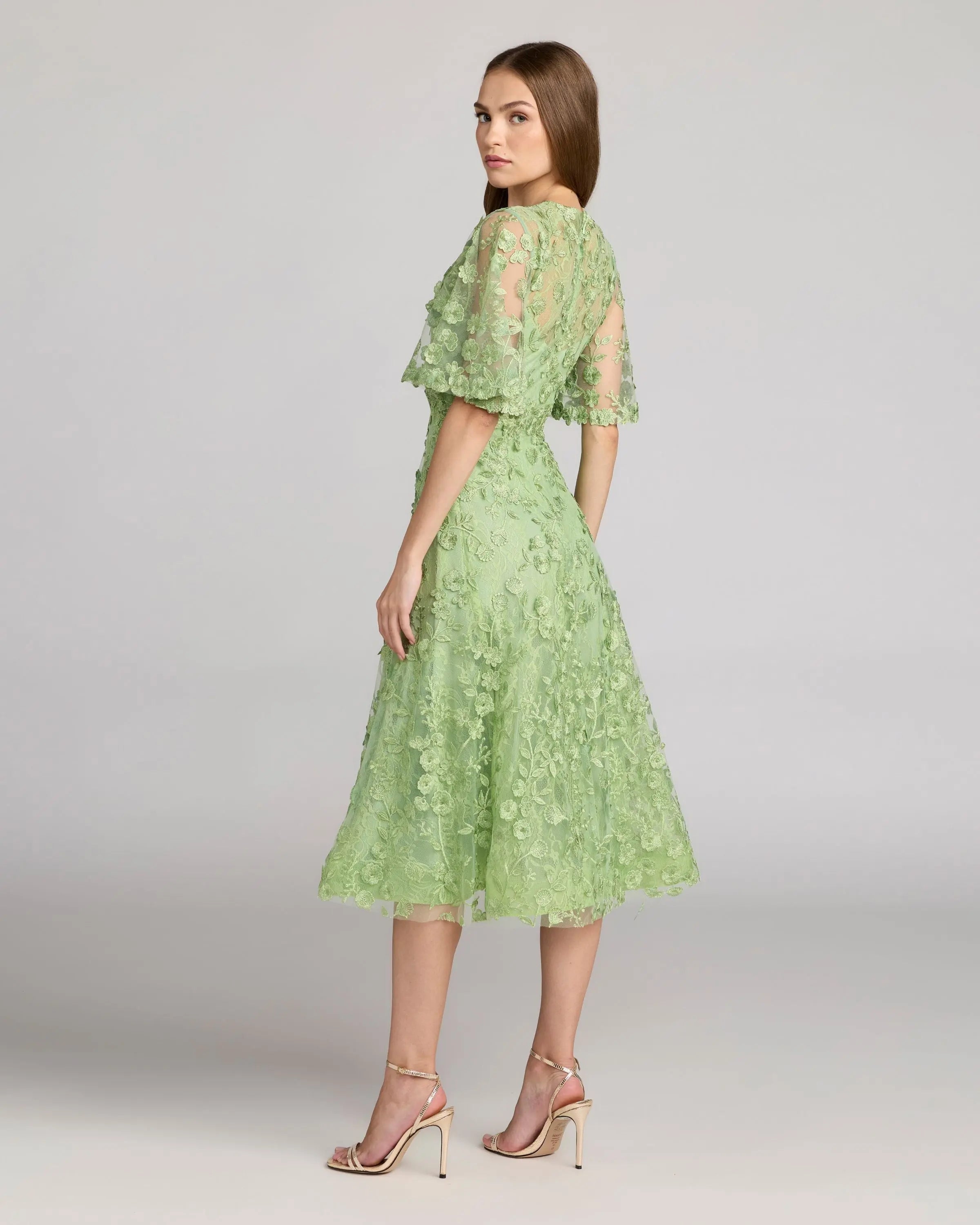 Flutter Sleeve Embroidered Midi Dress - Sage