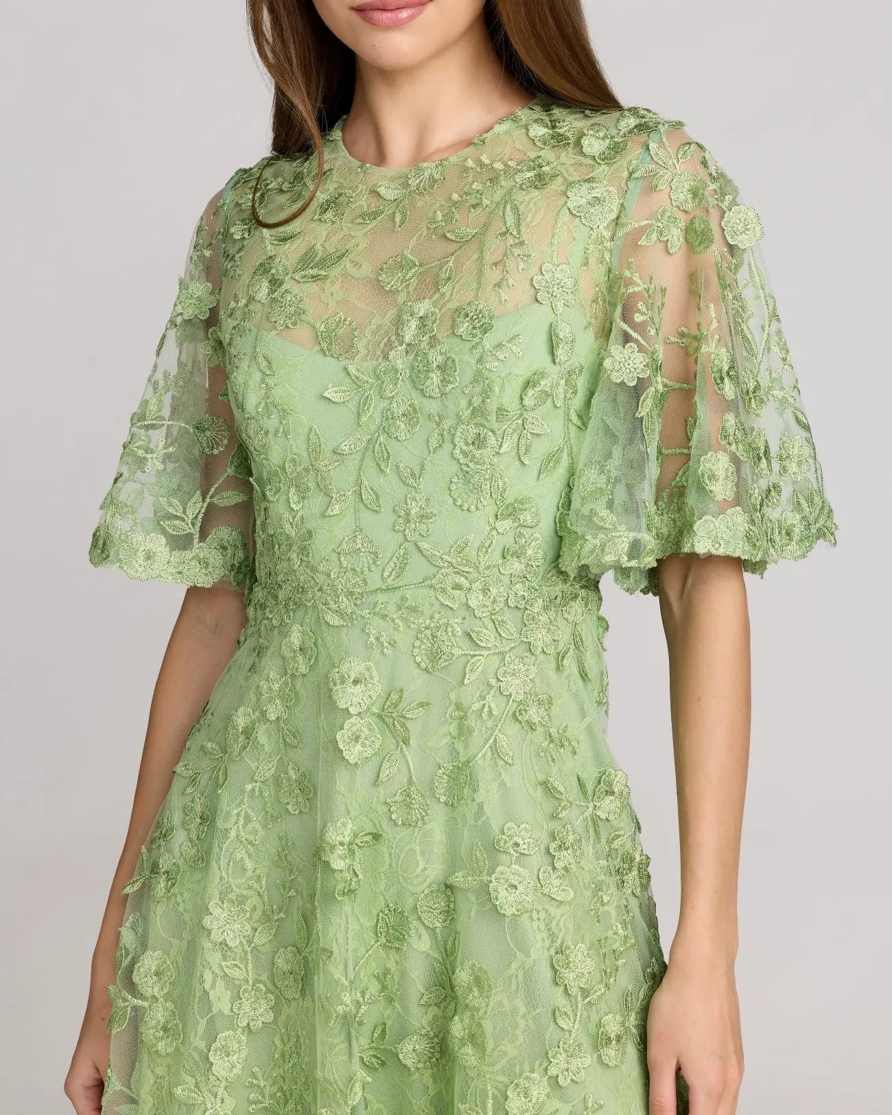 Flutter Sleeve Embroidered Midi Dress - Sage