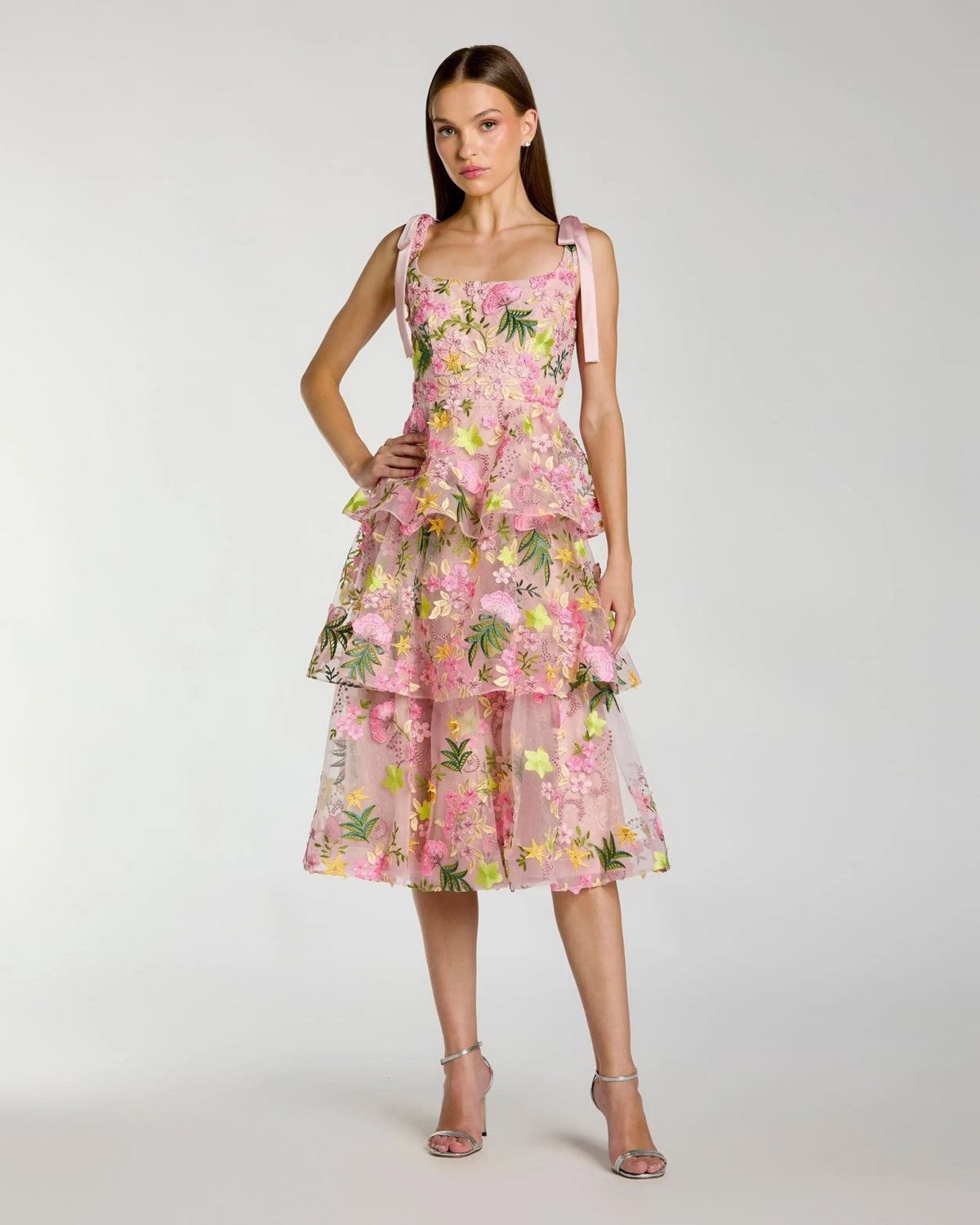 Floral Embroidered Tiered Midi Dress