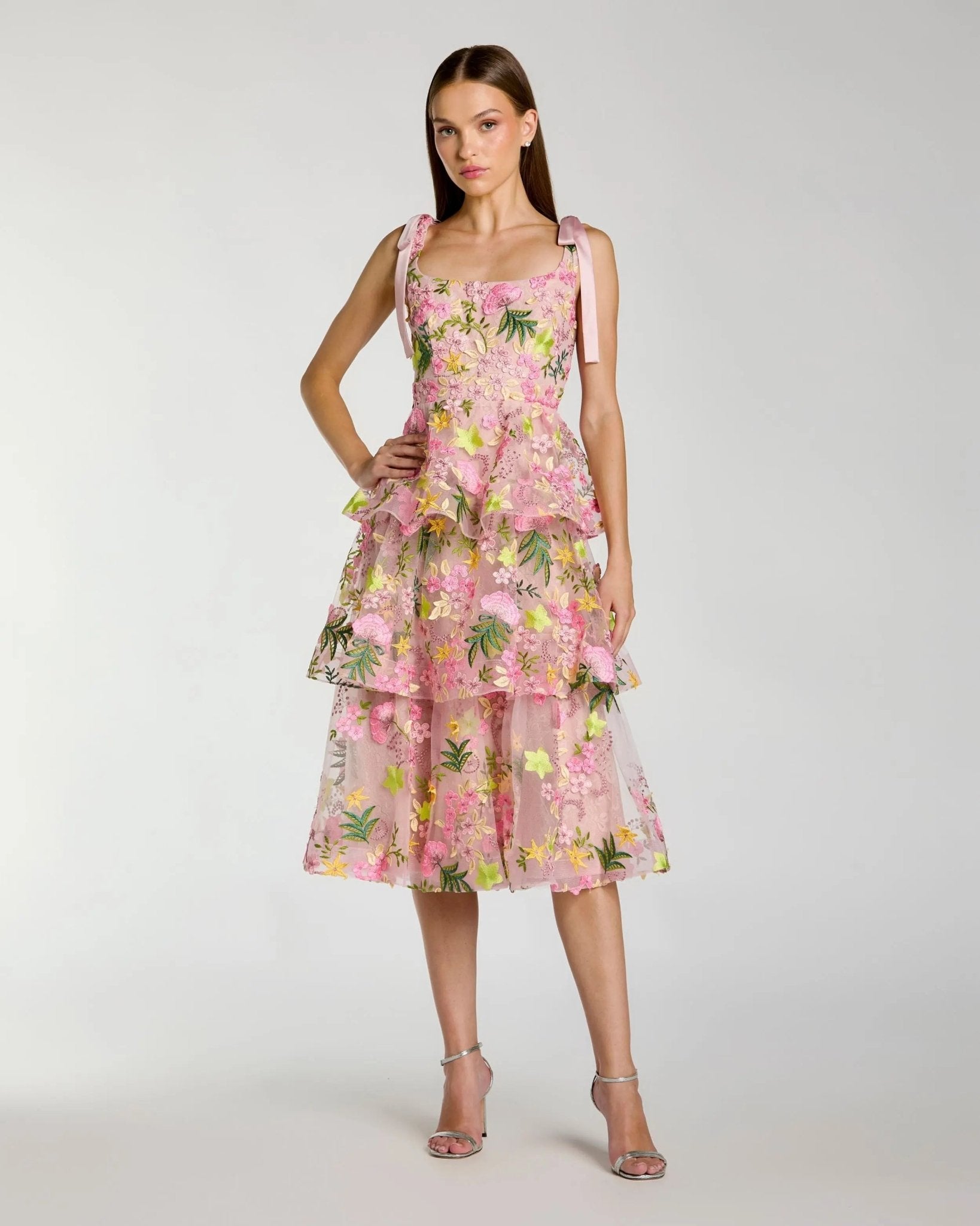 Floral Embroidered Tiered Midi Dress
