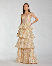 Mac Duggal Gold Embellished Strapless Sweetheart Ruffle Gown #69044 Nude Multi