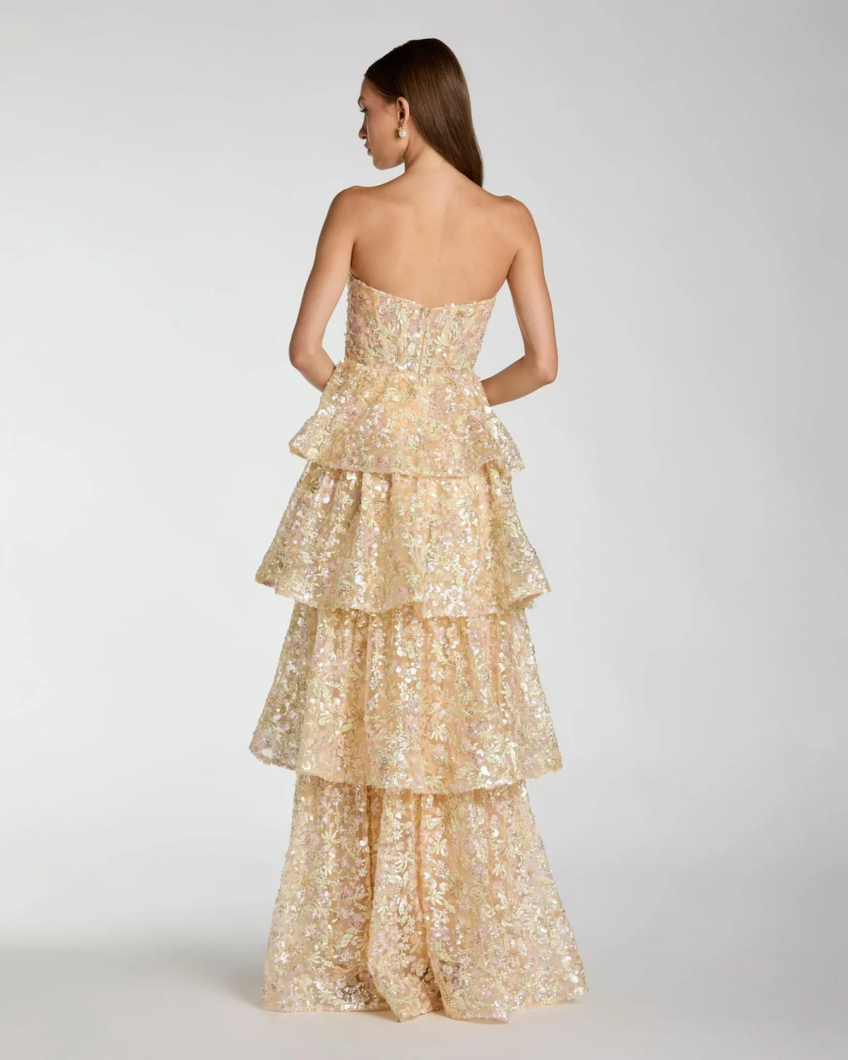Mac Duggal Gold Embellished Strapless Sweetheart Ruffle Gown #69044 Nude Multi