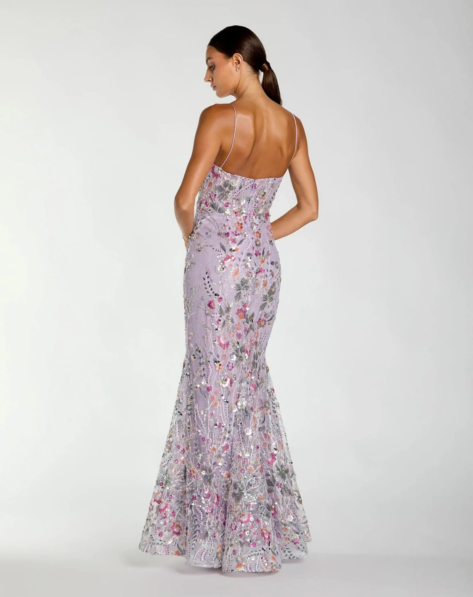 Mac Duggal Purple Spaghetti Strap Floral Embroidered Trumpet Gown Lilac Multi #69049