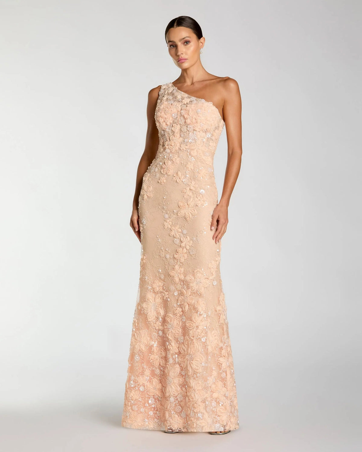 Mac Duggal Orange One Shoulder Floral Appliqué Sequin Gown Peach #69052