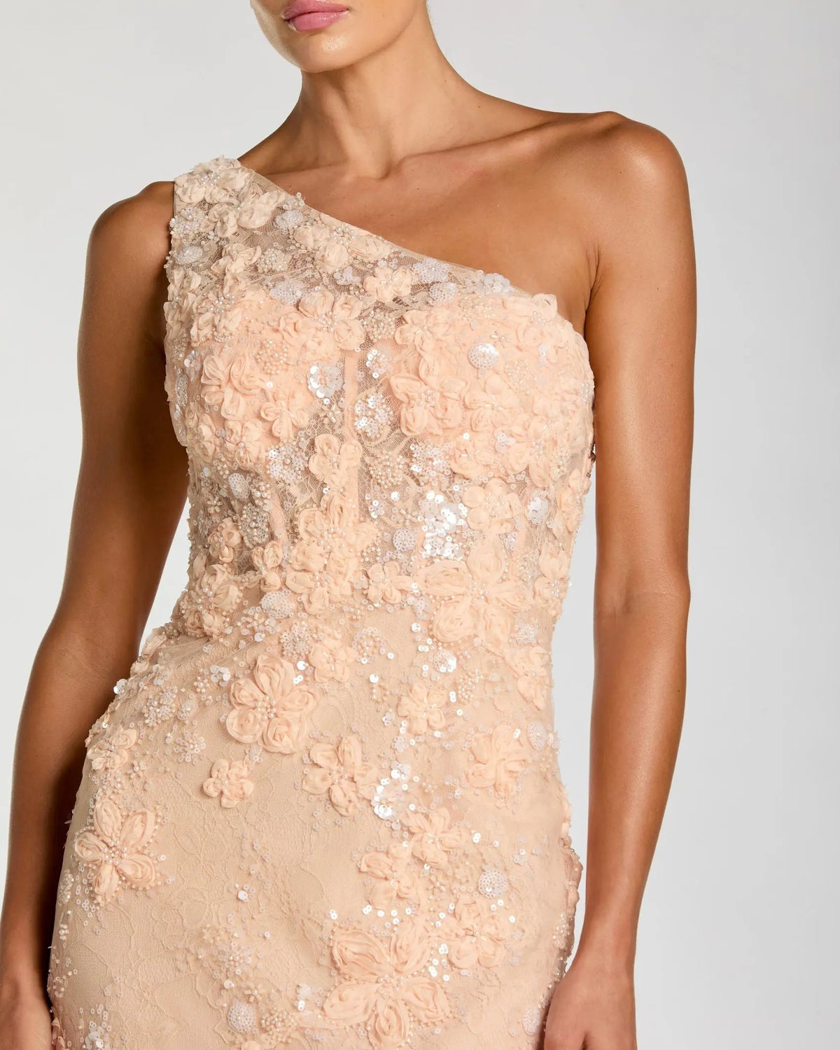 Peach-one-shoulder-lace-evening-gown-with-3D-floral-applique-front