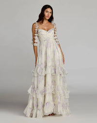 Mac Duggal 69061 Ivory Multi Floral Tiered Ruffle Gown with Romantic Ruffle Strap Detail