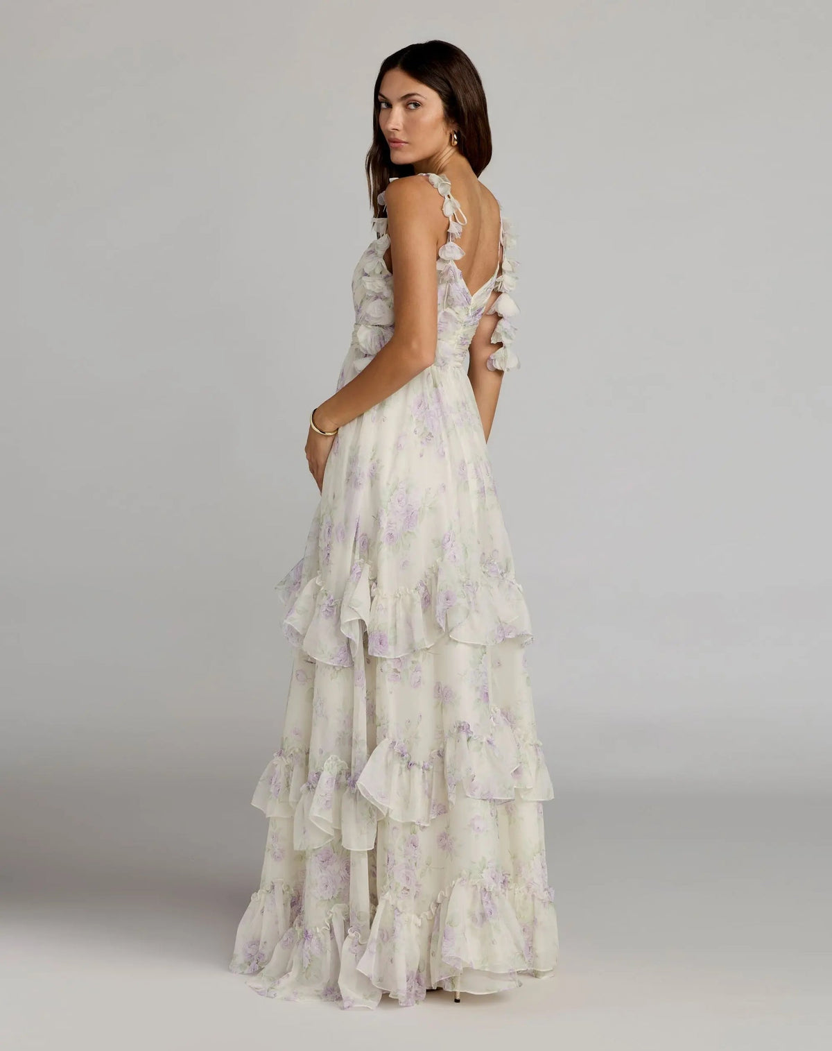 Mac Duggal 69061 Ivory Multi Floral Tiered Ruffle Gown with Romantic Ruffle Strap Detail
