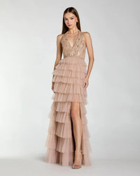Mac Duggal Nude Beaded Tulle Sleeveless V Neck Ruffle Gown #69062