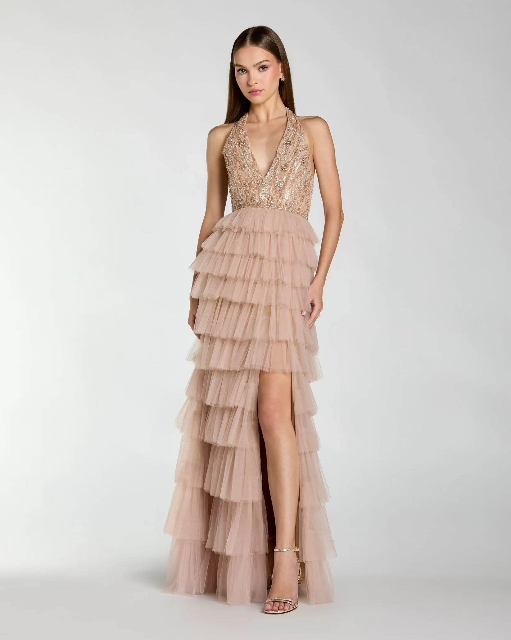 Mac Duggal Nude Beaded Tulle Sleeveless V Neck Ruffle Gown #69062