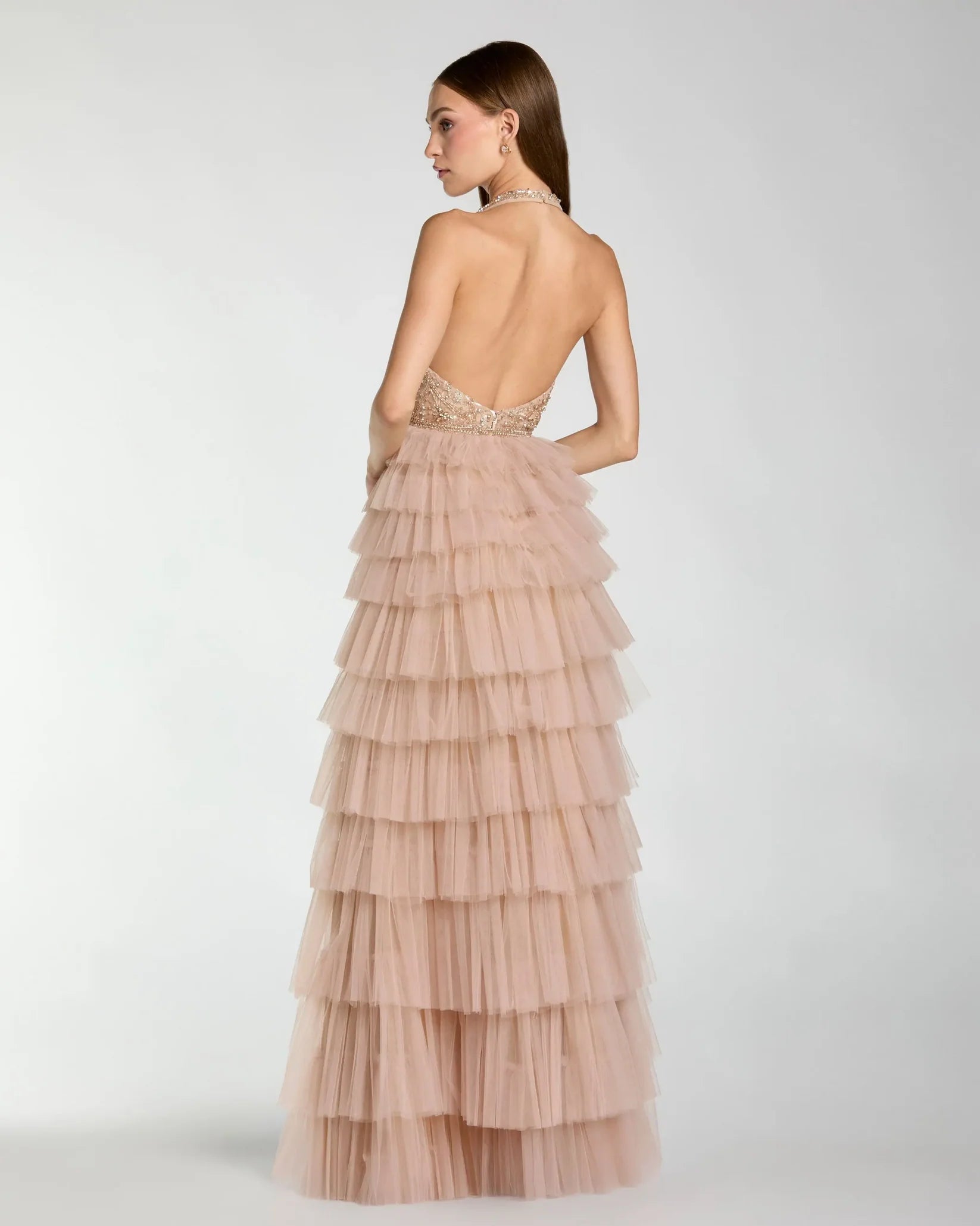  Mac Duggal Nude Beaded Tulle Sleeveless V Neck Ruffle Gown #69062