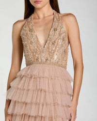 Mac Duggal Nude Beaded Tulle Sleeveless V Neck Ruffle Gown #69062