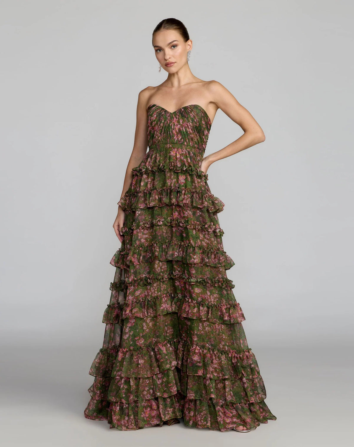 Mac Duggal #69065 Green Floral Strapless Tiered Ruffle Ball Gown