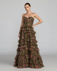 Mac Duggal #69065 Green Floral Strapless Tiered Ruffle Ball Gown