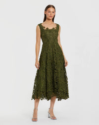 Mac Duggal 69073 Army Green sleeveless embroidered lace A line midi dress - front