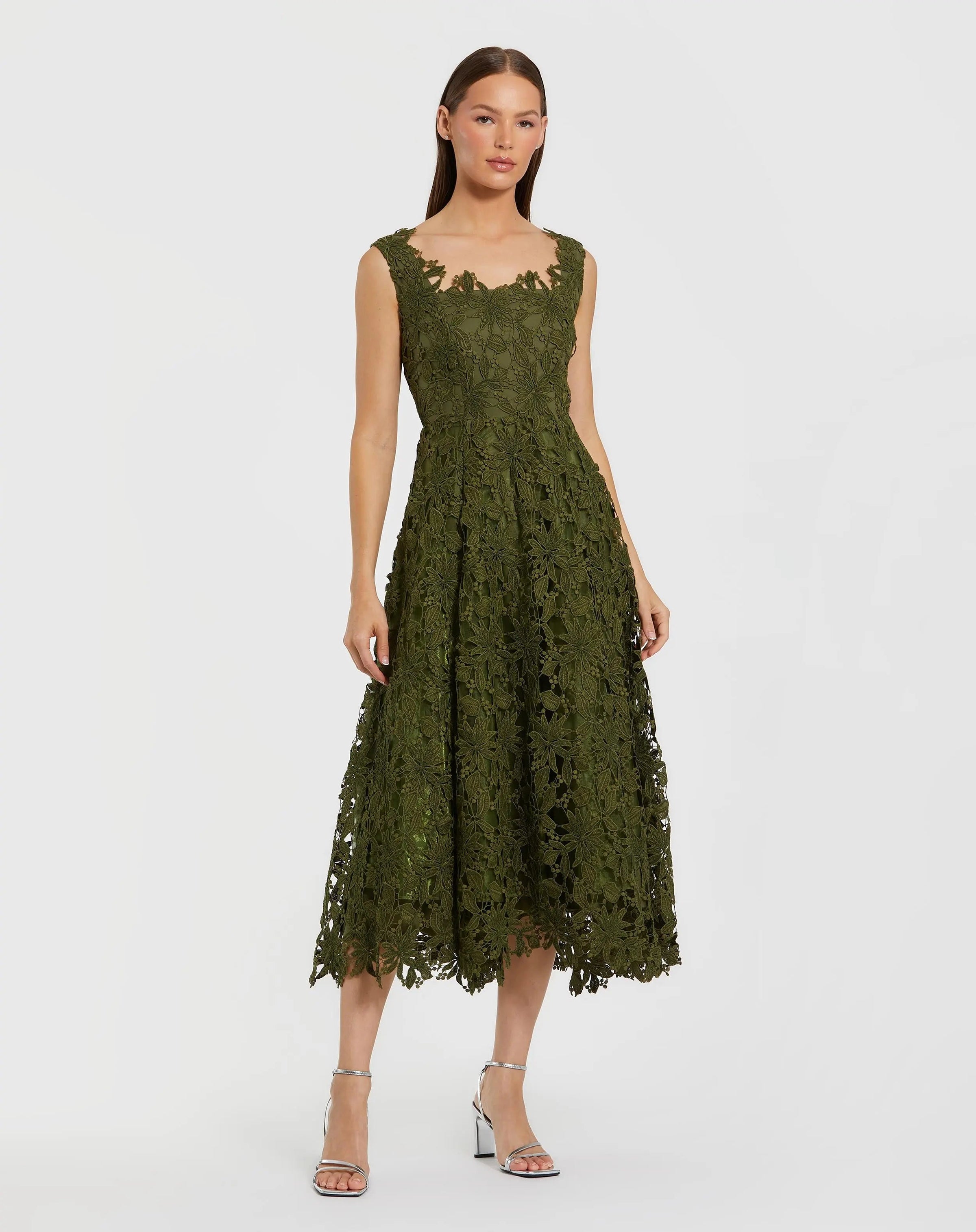 Mac Duggal 69073 Army Green sleeveless embroidered lace A line midi dress - front