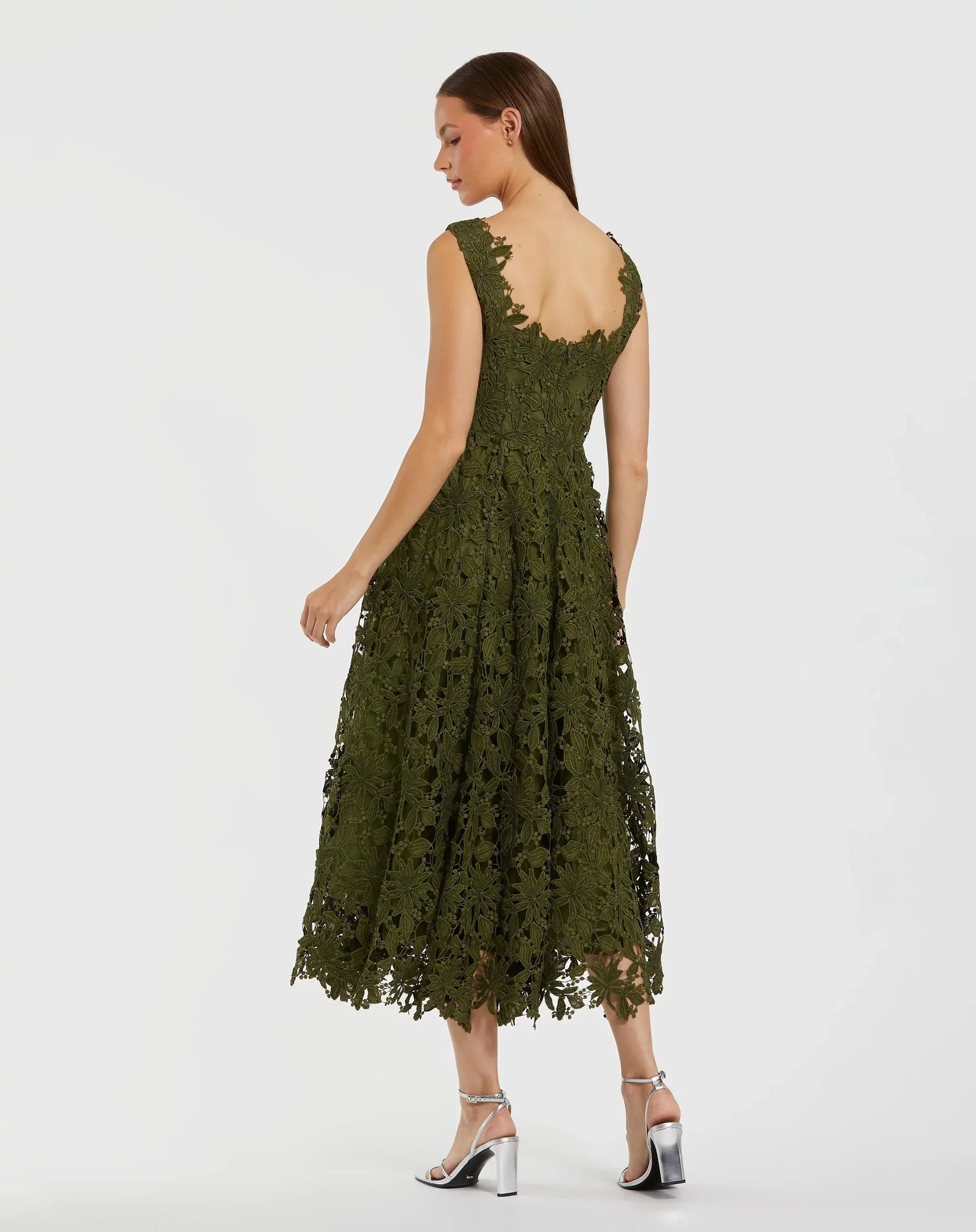 Mac Duggal 69073 Army Green sleeveless embroidered lace A line midi dress