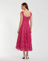 Pink Sleeveless Embroidered Lace A Line Midi Dress - Back