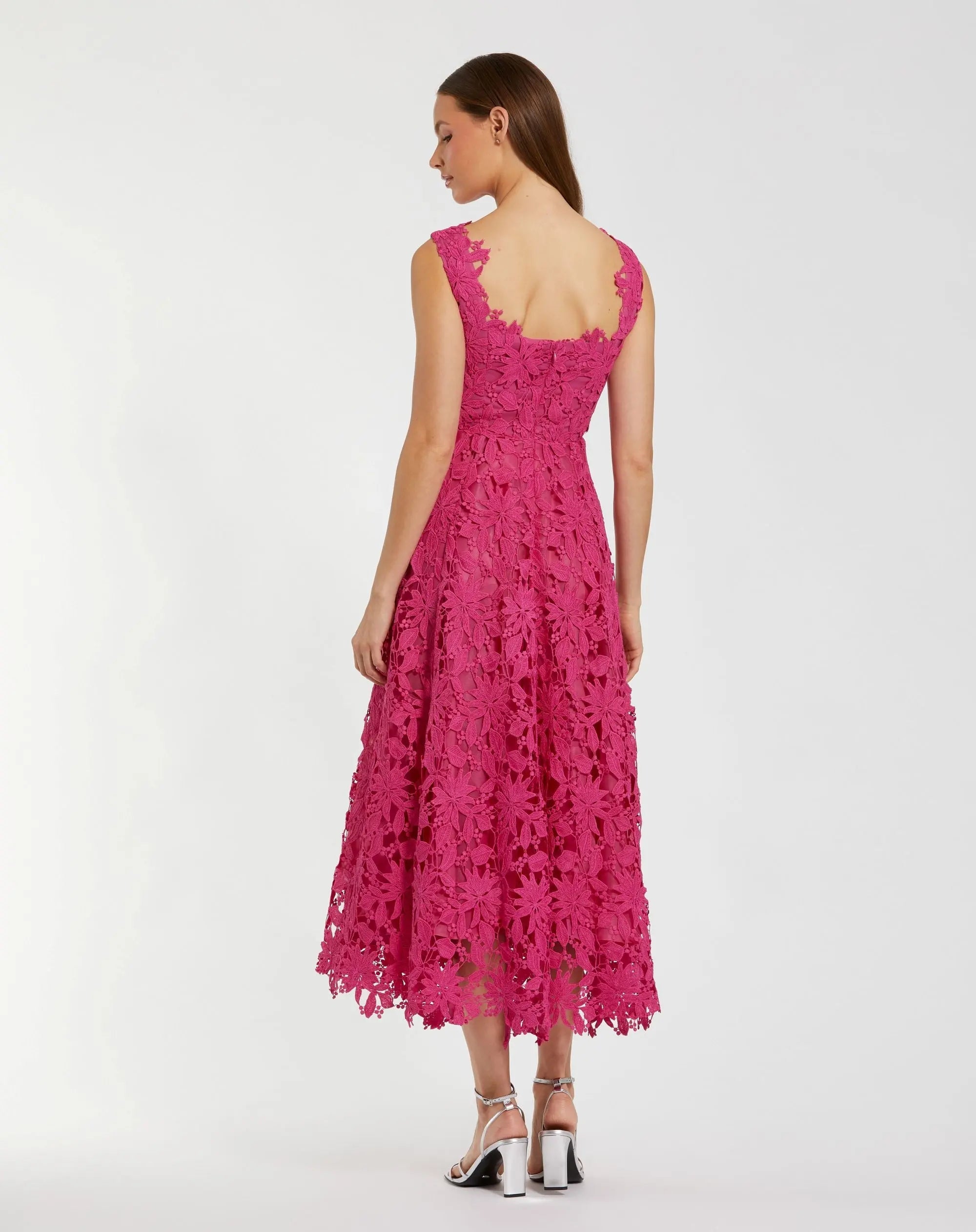 Pink Sleeveless Embroidered Lace A Line Midi Dress - Back