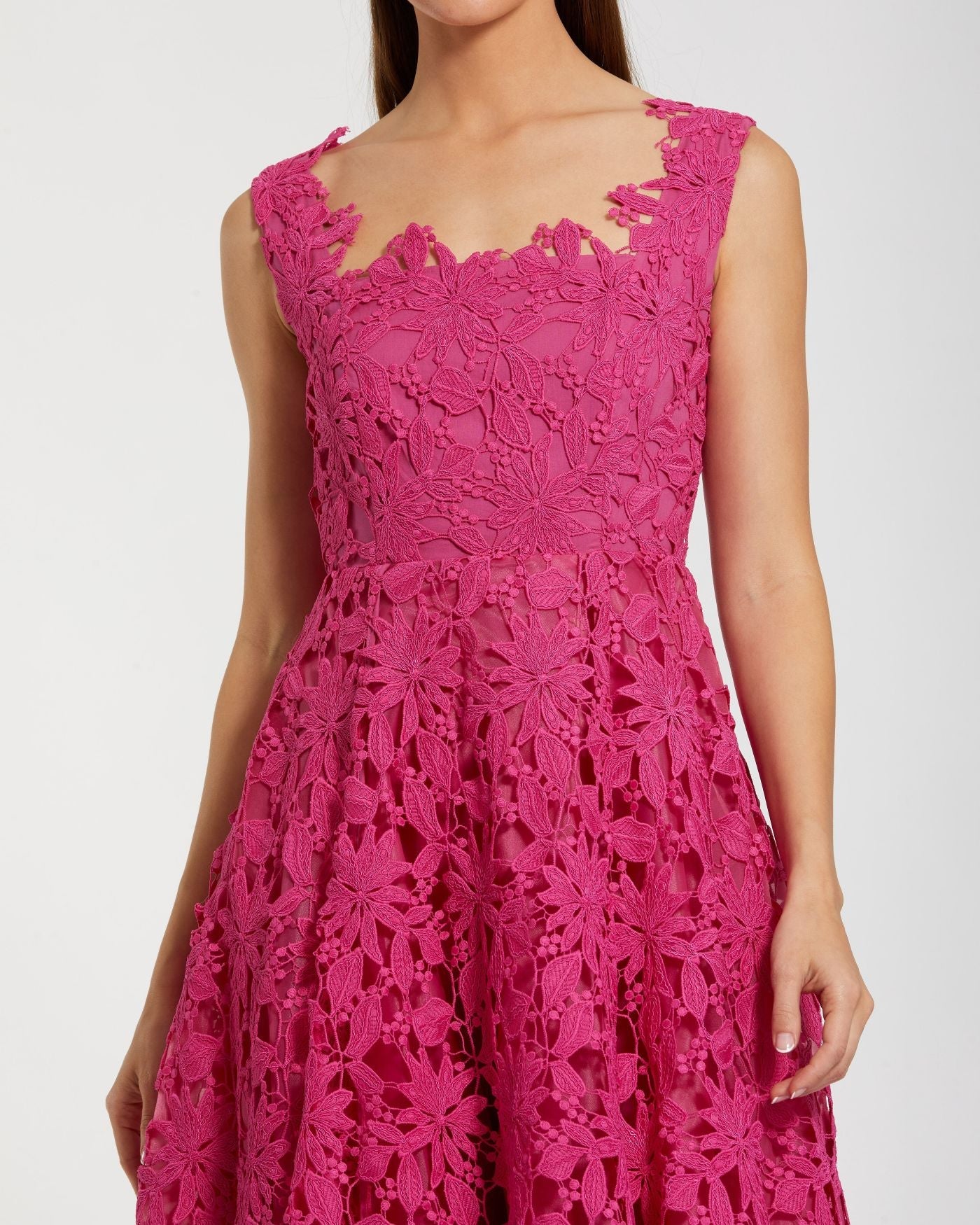 Pink Sleeveless Embroidered Lace A Line Midi Dress - Close Up