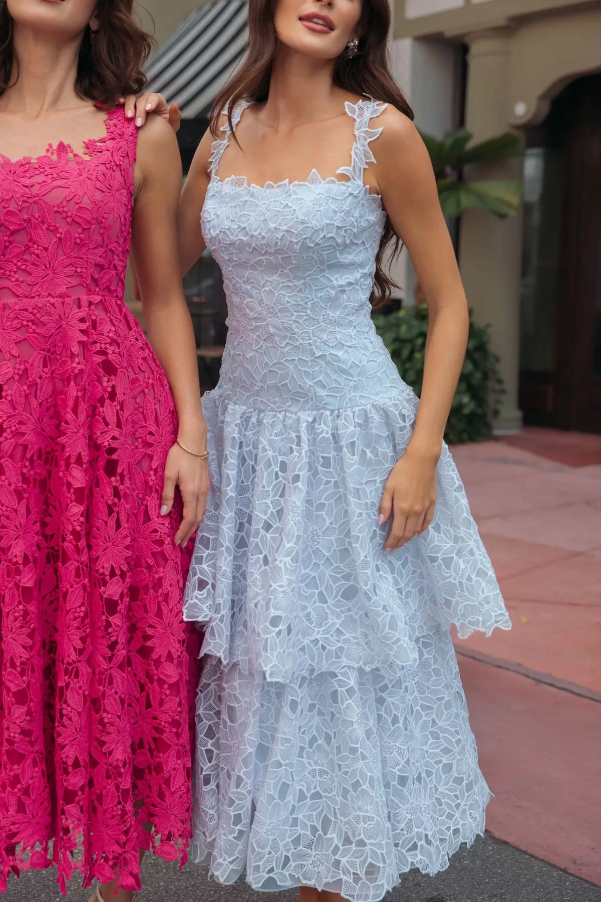 Mac Duggal Blue Sleeveless Embroidered Lace Tiered Midi Dress #21223