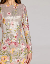 Mac Duggal Silver Long Sleeve Floral Embroidered Sequin Mini Dress #69075