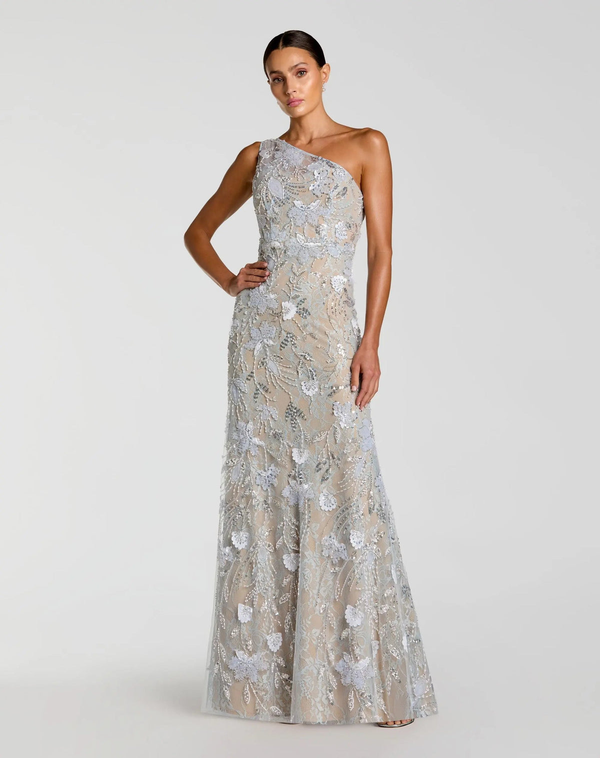 Mac Duggal Blue Sleeveless One Shoulder Embellished Lace Gown Powder Blue #69077