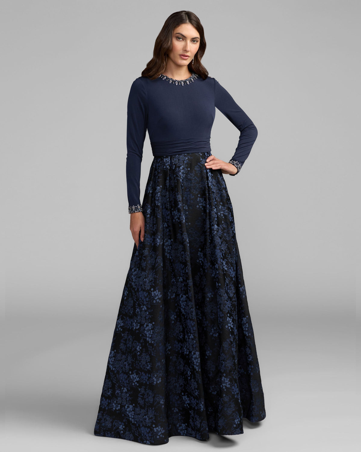 Mac Duggal #69082 midnight floral brocade A-line ball gown with pockets