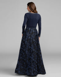 Mac Duggal #69082 midnight floral brocade ball gown back view