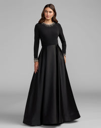 Mac Duggal #69083 black jersey and satin long sleeve A-line gown