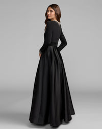 Mac Duggal #69083 black jersey and satin long sleeve A-line gown