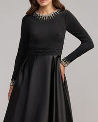 Mac Duggal #69083 black jersey and satin long sleeve A-line gown