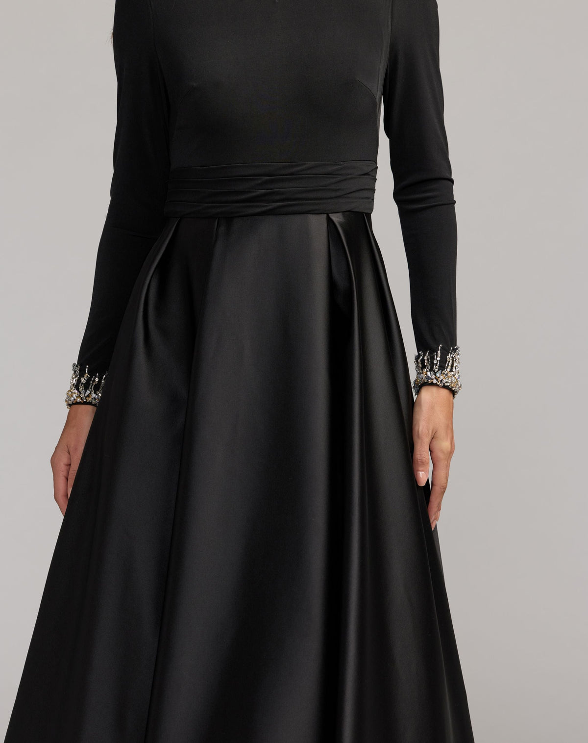 Mac Duggal #69083 black jersey and satin long sleeve A-line gown